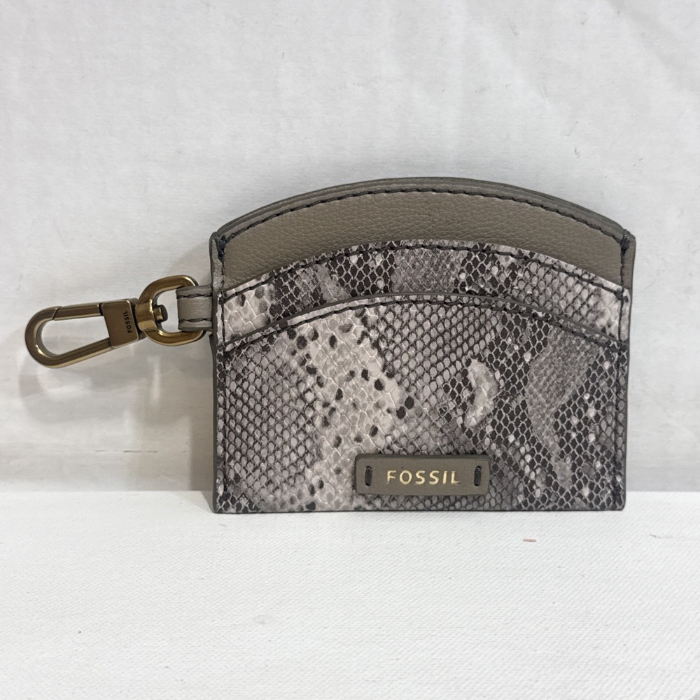 Fossil Sophia Snake Skin Gray Pebbled Leather Card Case Keychain Wallet New